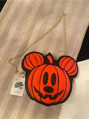 SkinnyDip Disney Pumpkin Mickey Crossbody Bag - Orange & Black with Gold Chain
